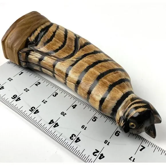 Carved Wooden Striped Cat Figurine Made in Thailand 7 in Tall Brown Black Unique - Picture 8 of 9
